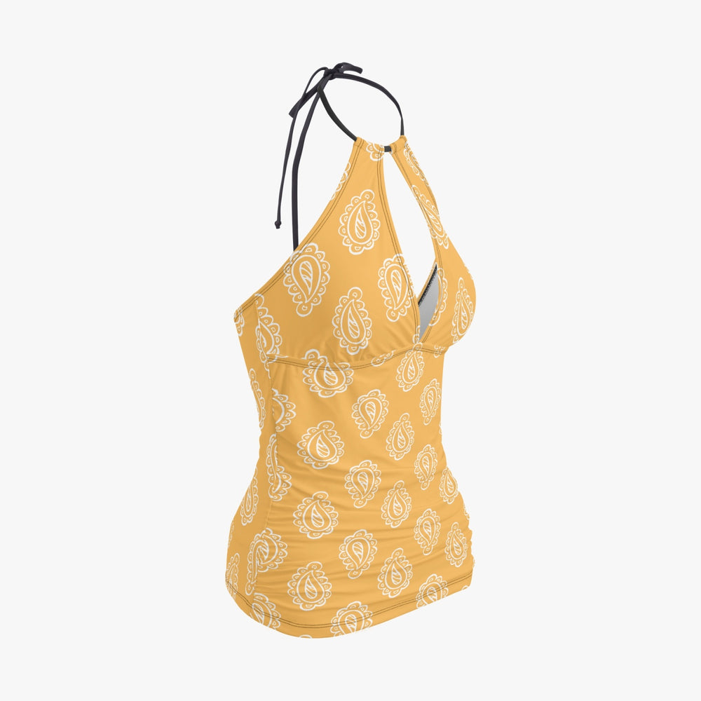 Gface Halter Top Two-Piece Gold Bandana Tankini Swimsuit