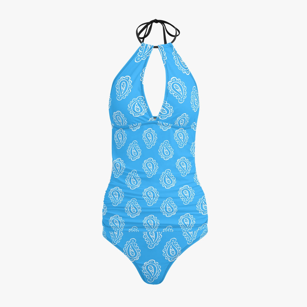 Gface Halter Top Two-Piece Blue Bandana Tankini Swimsuit