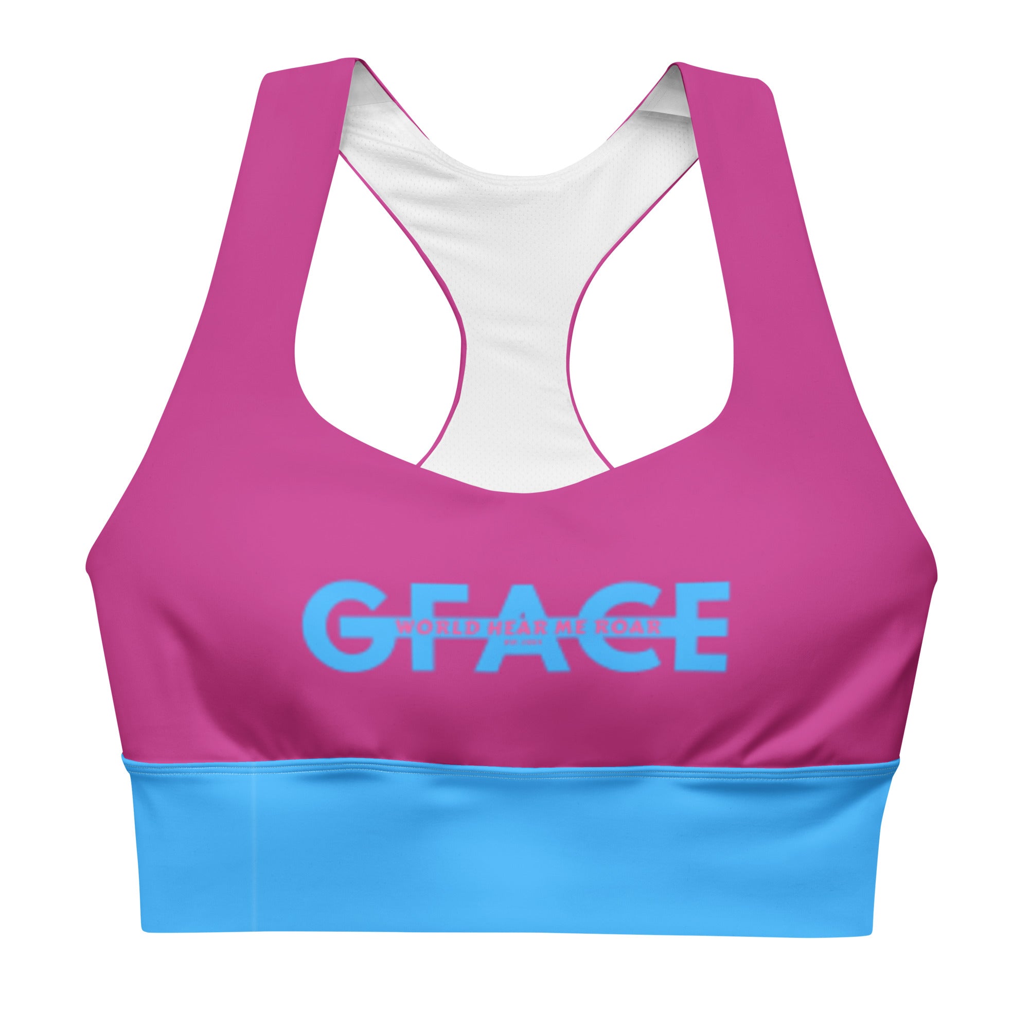 GFACE (Blue/Pink) Longline sports bra World Hear Me Roar