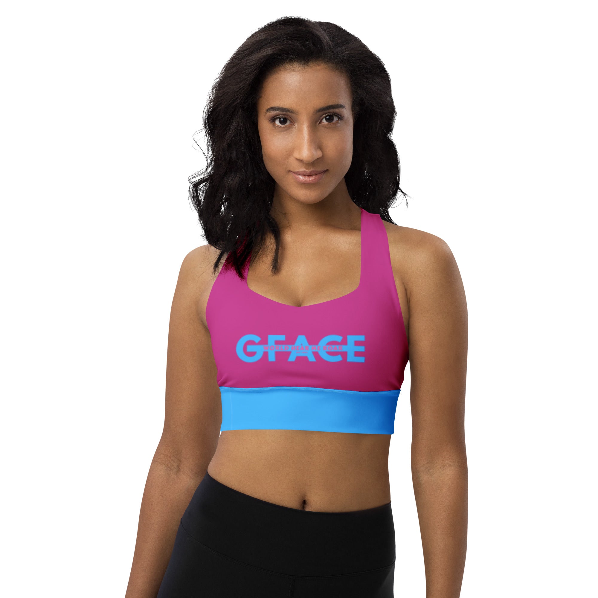 GFACE (Blue/Pink) Longline sports bra World Hear Me Roar