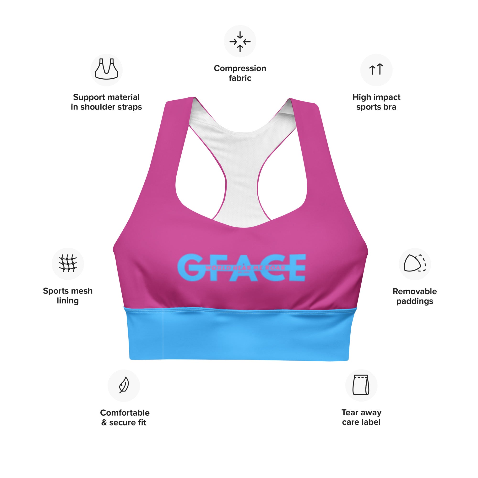 GFACE (Blue/Pink) Longline sports bra World Hear Me Roar