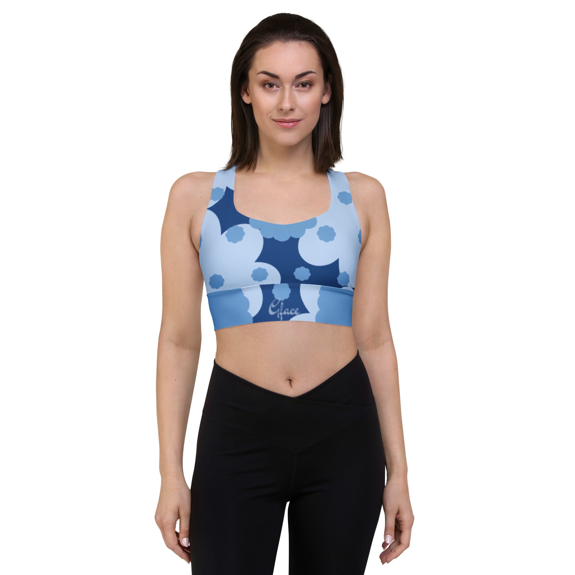 GFACE Blue Flower Abstract Longline sports bra