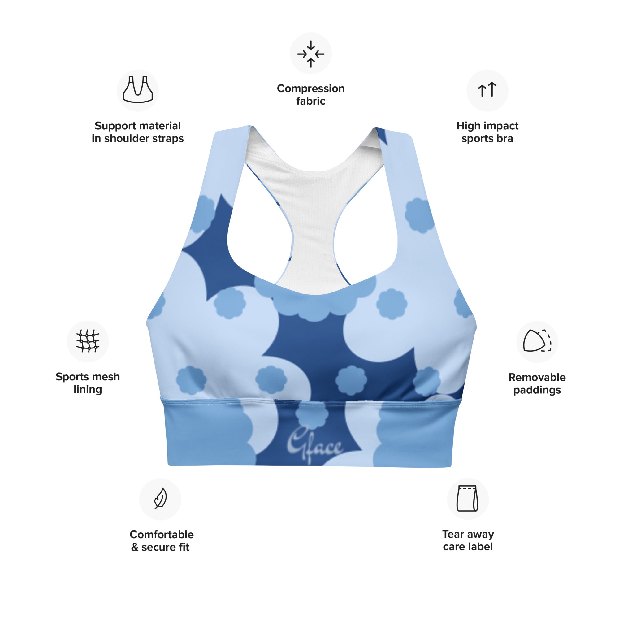 GFACE Blue Flower Abstract Longline sports bra