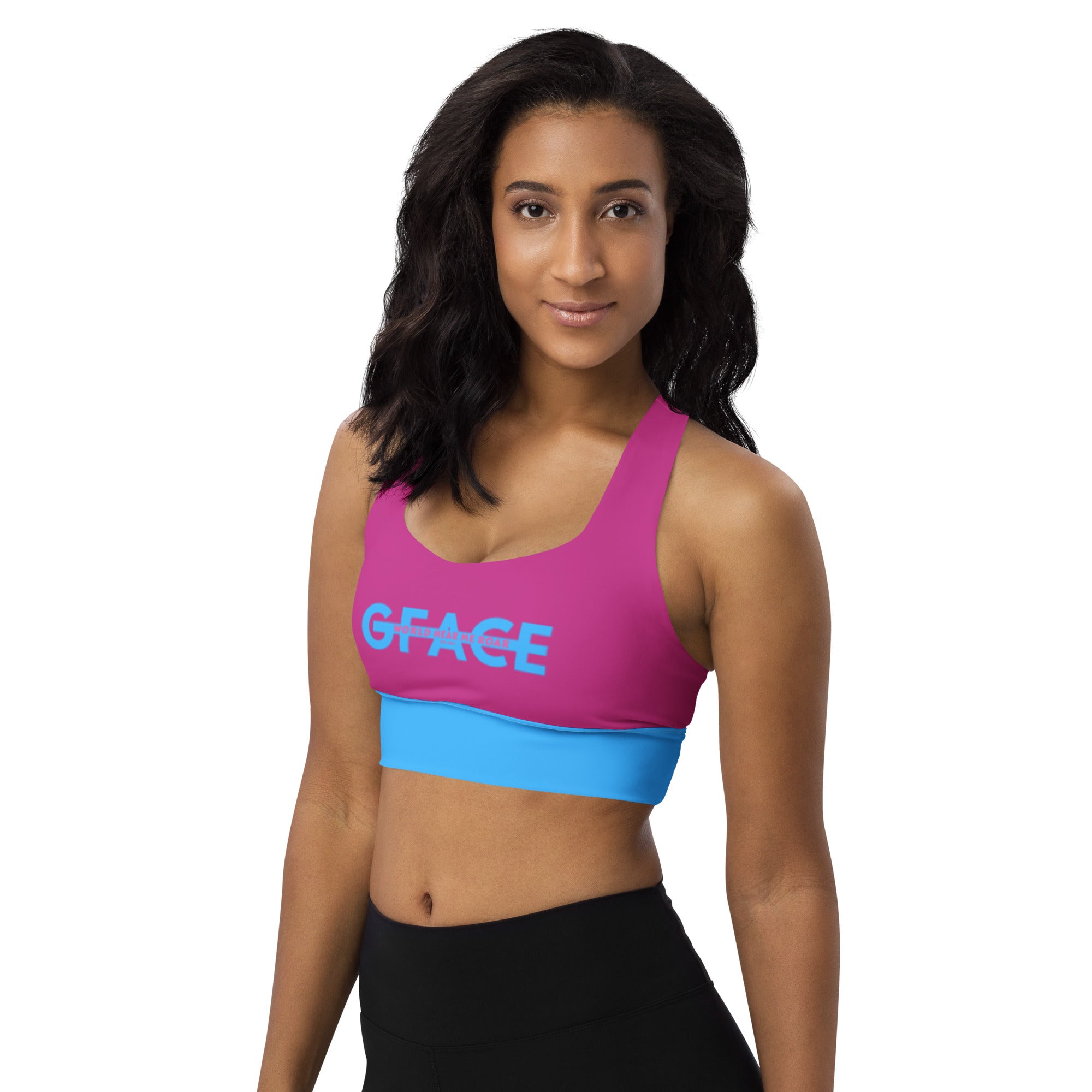 GFACE (Blue/Pink) Longline sports bra World Hear Me Roar