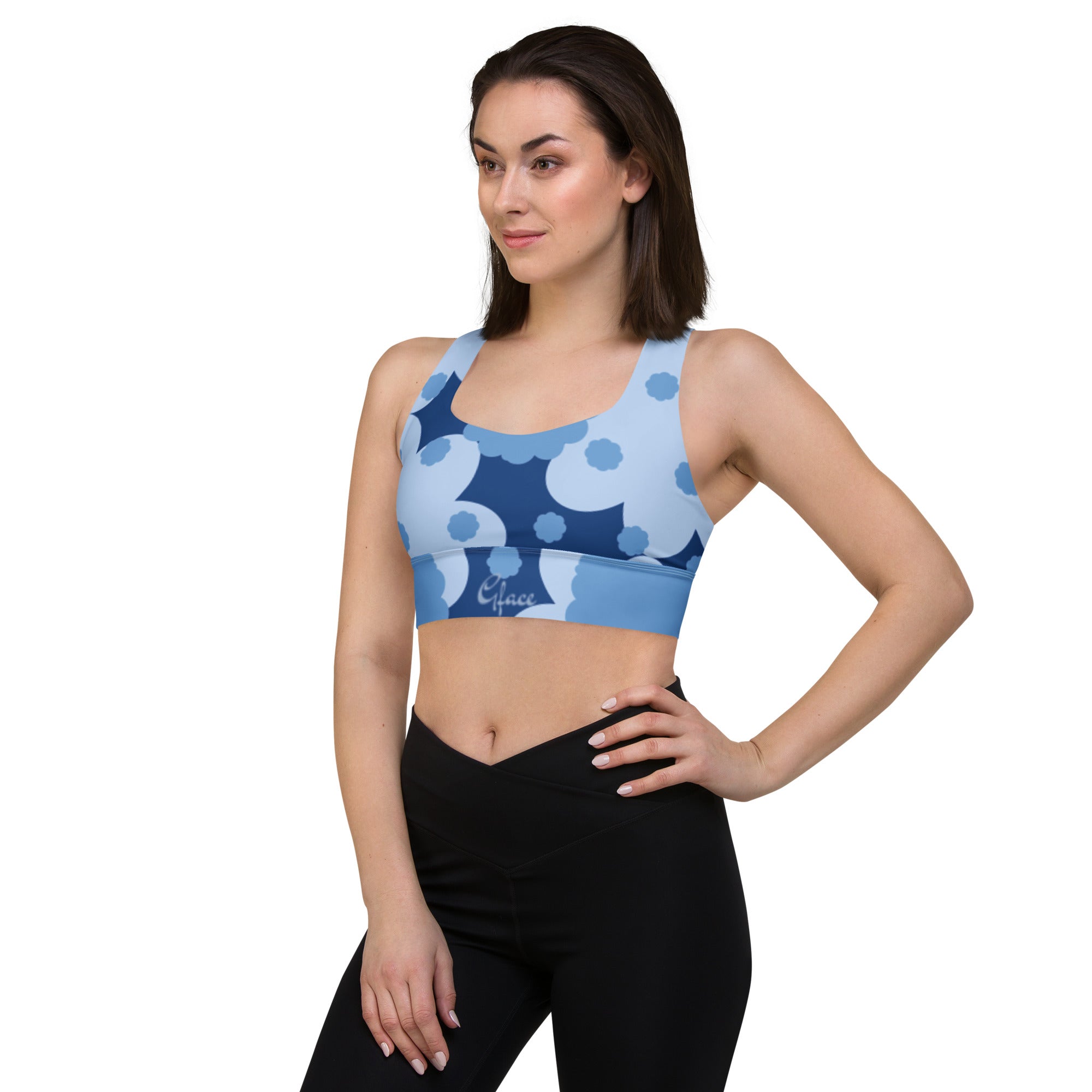 GFACE Blue Flower Abstract Longline sports bra