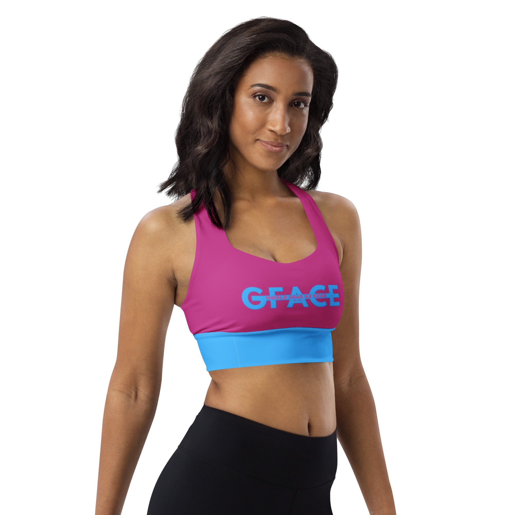 GFACE (Blue/Pink) Longline sports bra World Hear Me Roar