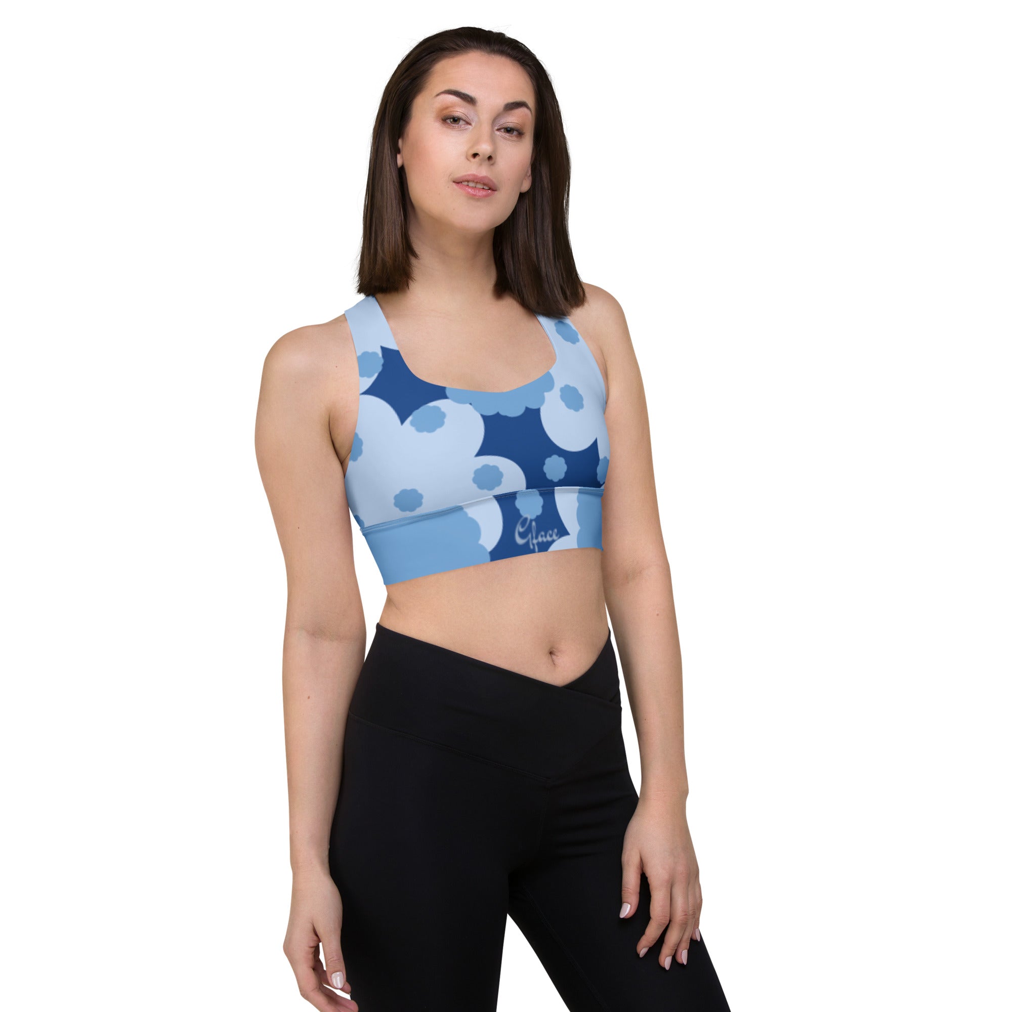 GFACE Blue Flower Abstract Longline sports bra