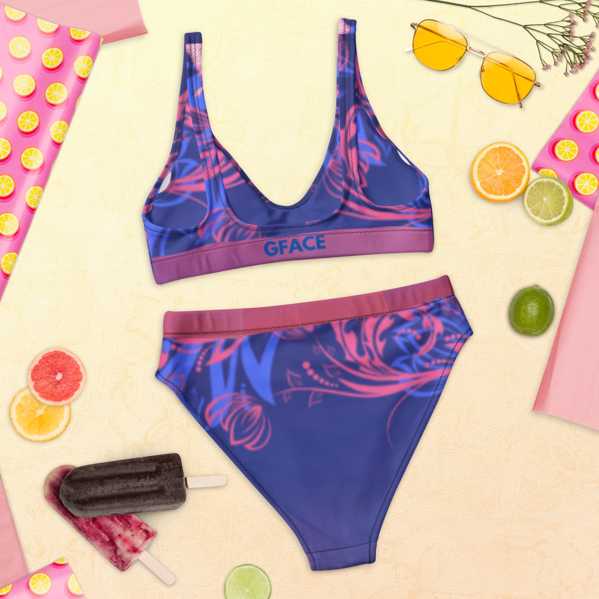 High-waisted bikini Blue-Pink Abstract Gface Beach Swag