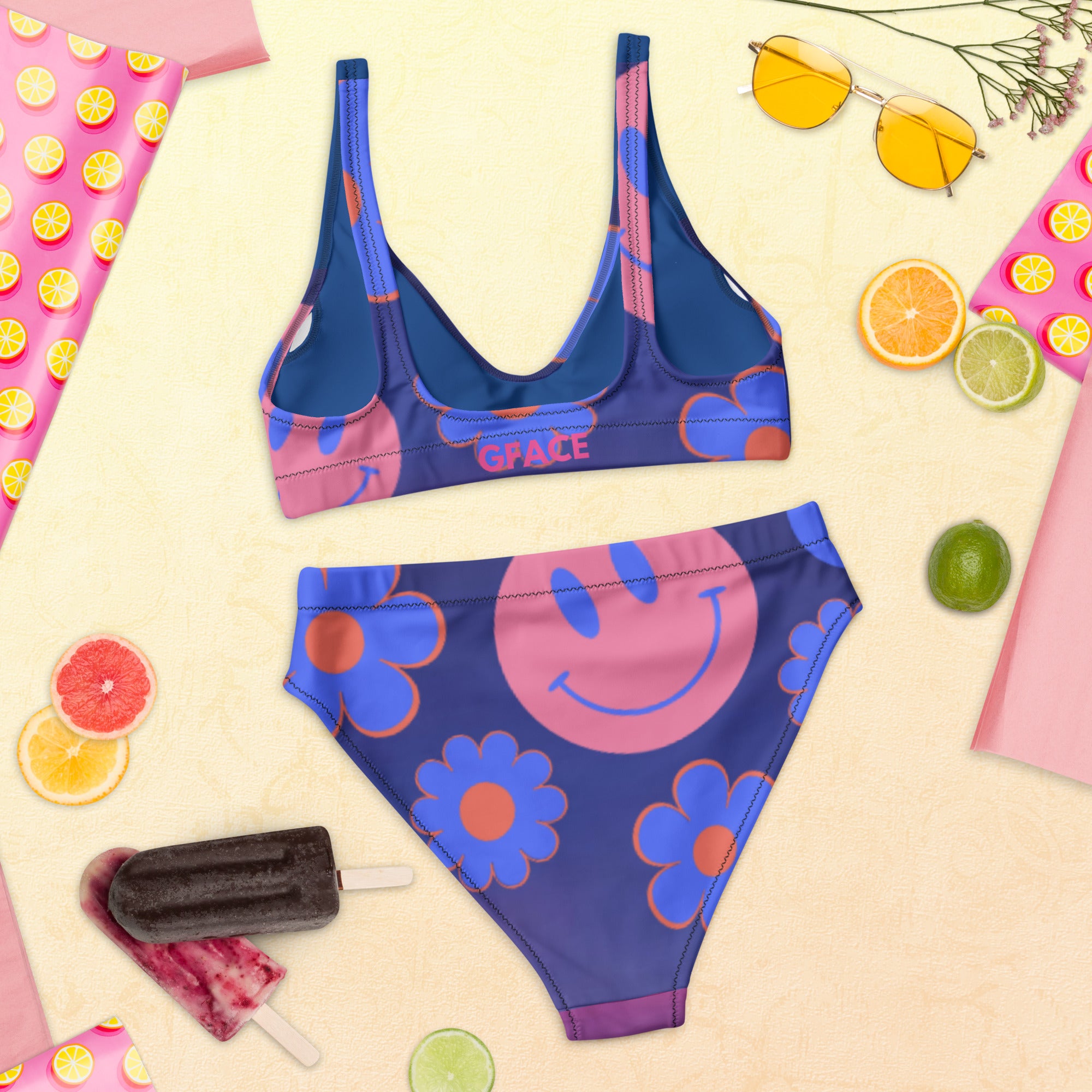 High-waisted floral Smiley face floral  bikini Gface Beach Swag