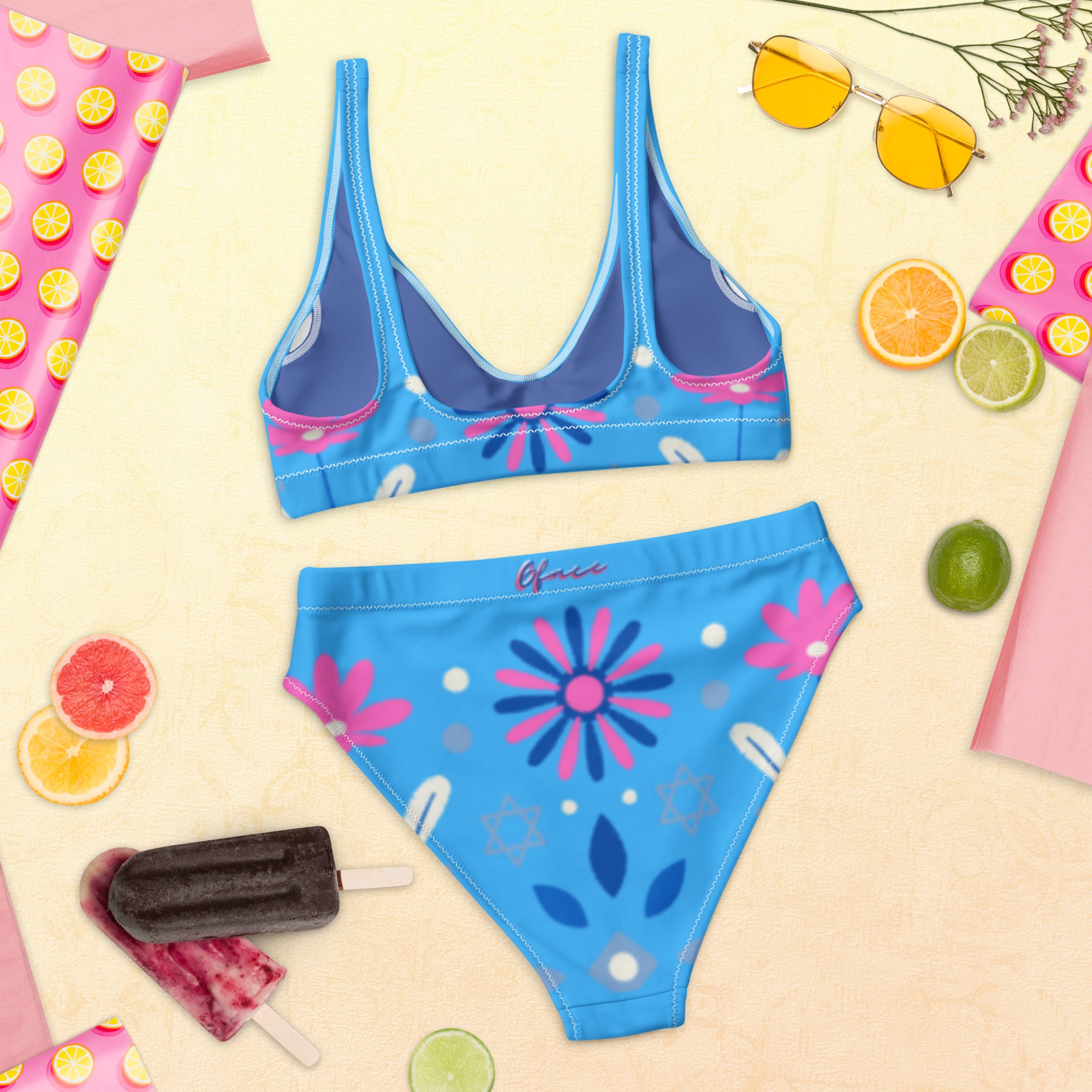 Recycled high-waisted Blue Retro Floral bikini Gface Beach Swag