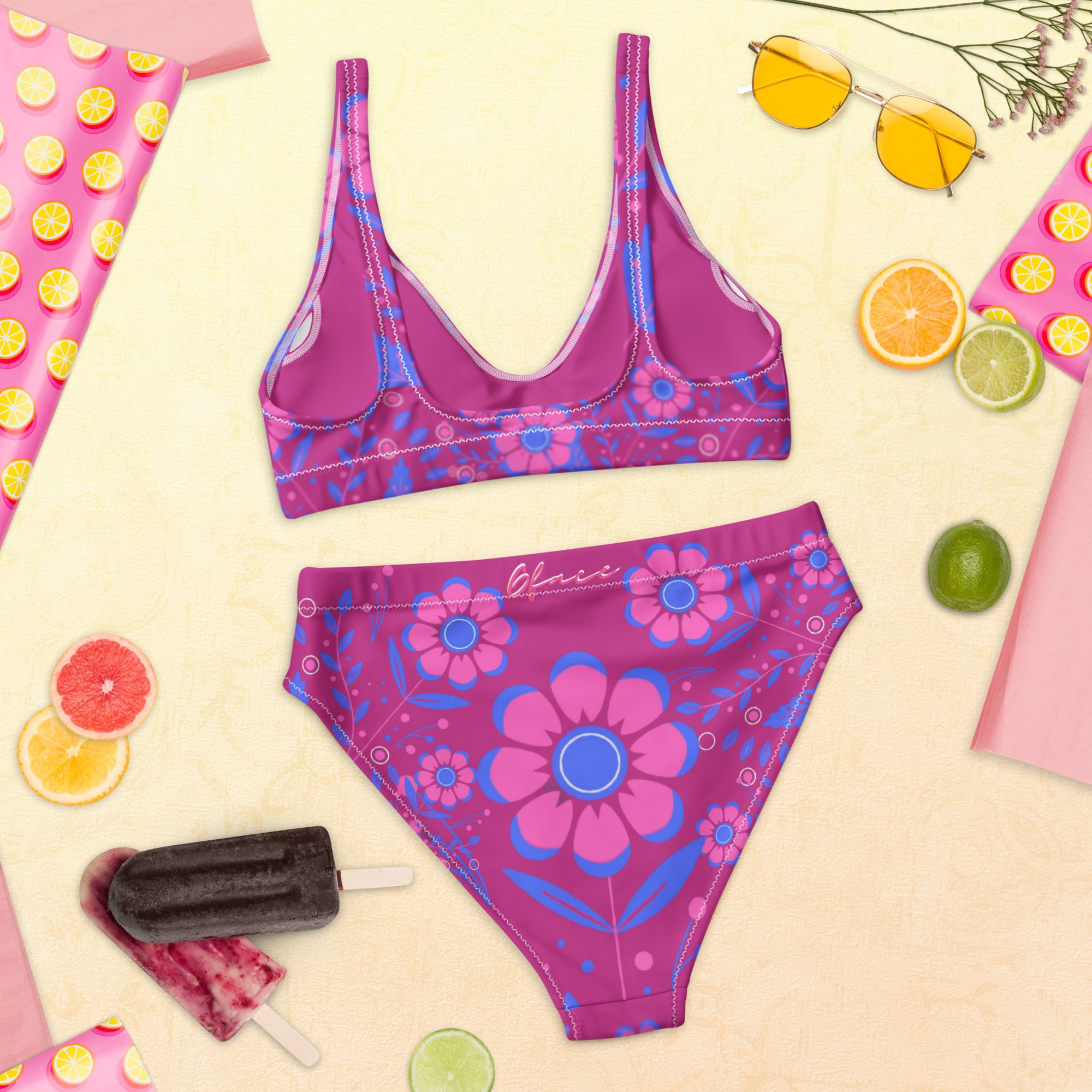 High-waisted Retro Violet Floral Gface bikini Swag