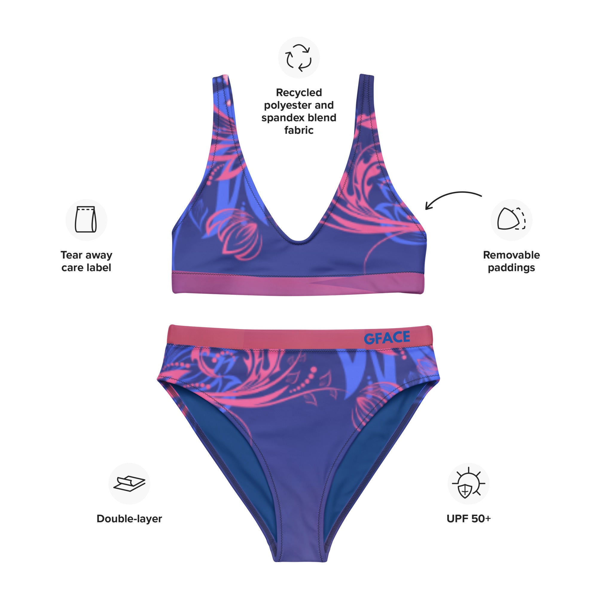 High-waisted bikini Blue-Pink Abstract Gface Beach Swag