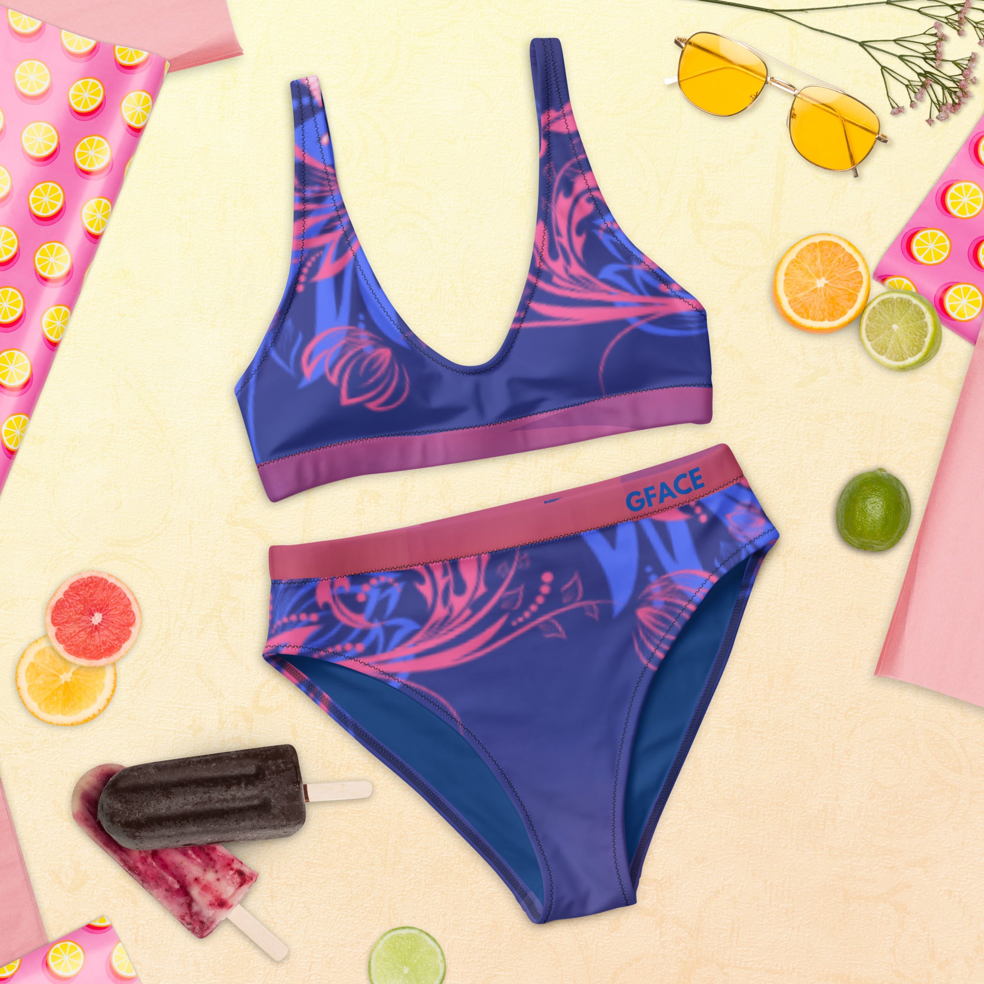 High-waisted bikini Blue-Pink Abstract Gface Beach Swag