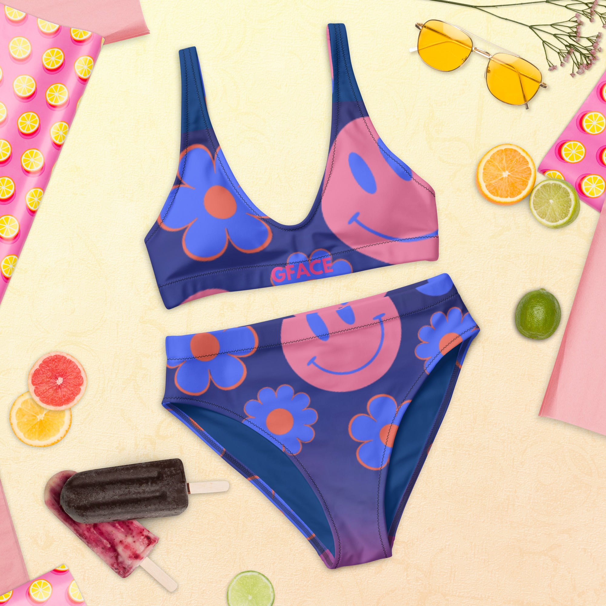 High-waisted floral Smiley face floral  bikini Gface Beach Swag