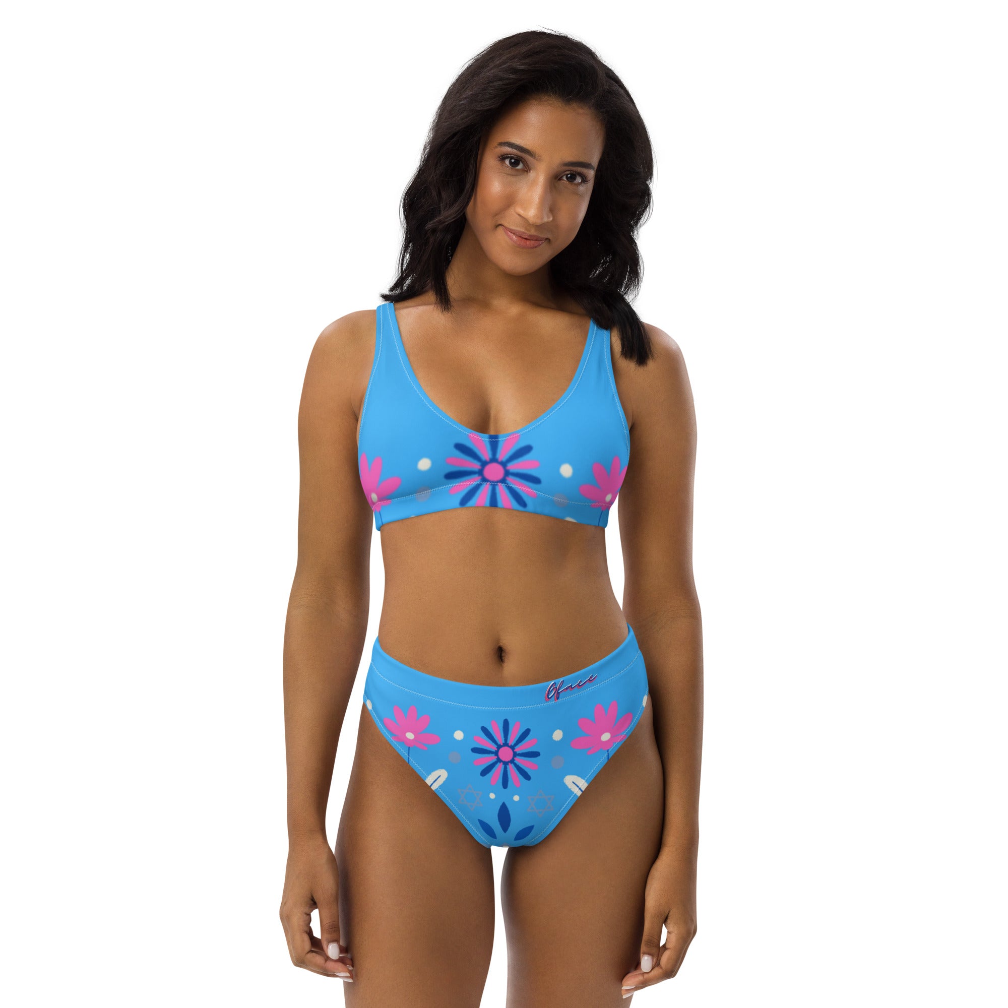 Recycled high-waisted Blue Retro Floral bikini Gface Beach Swag