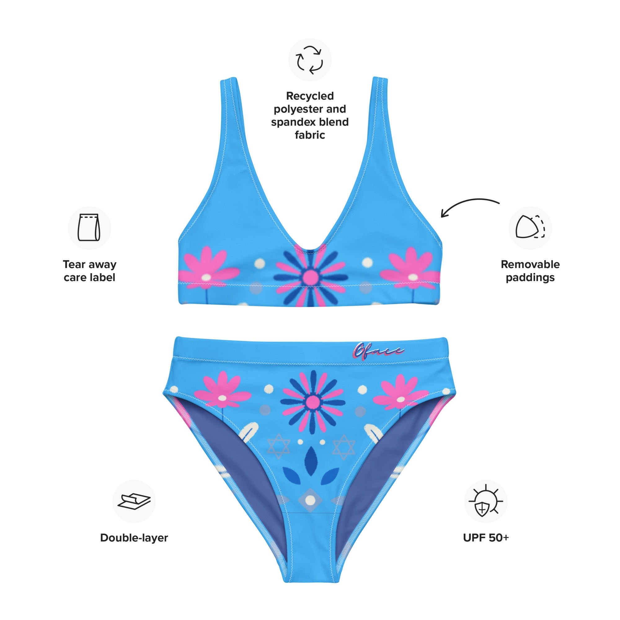 Recycled high-waisted Blue Retro Floral bikini Gface Beach Swag