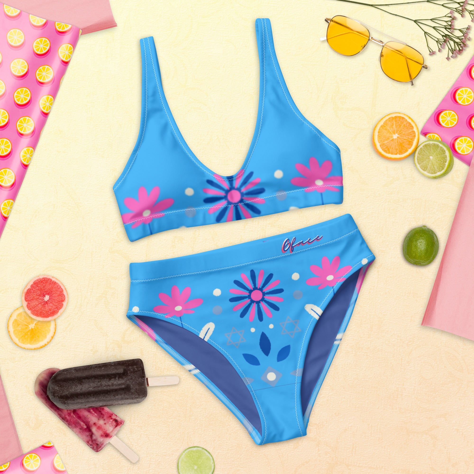 Recycled high-waisted Blue Retro Floral bikini Gface Beach Swag