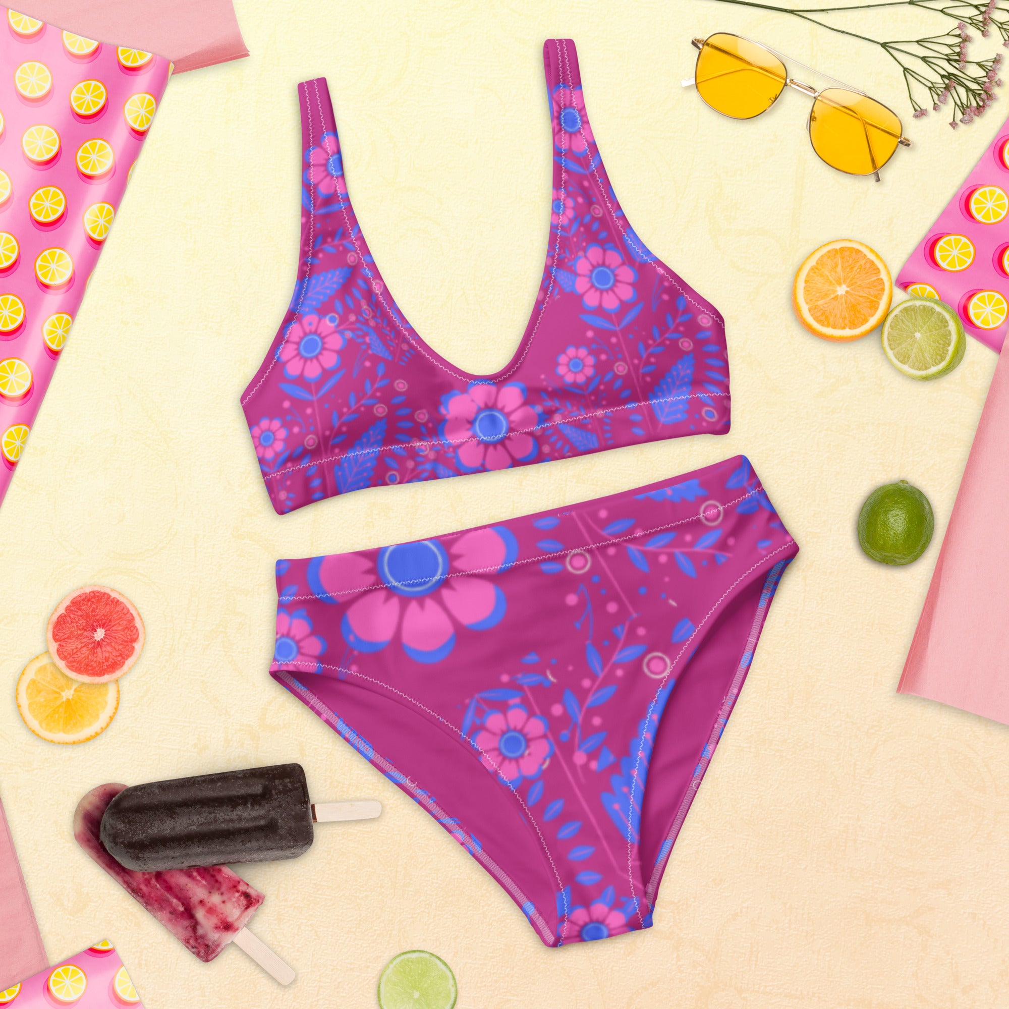 High-waisted Retro Violet Floral Gface bikini Swag