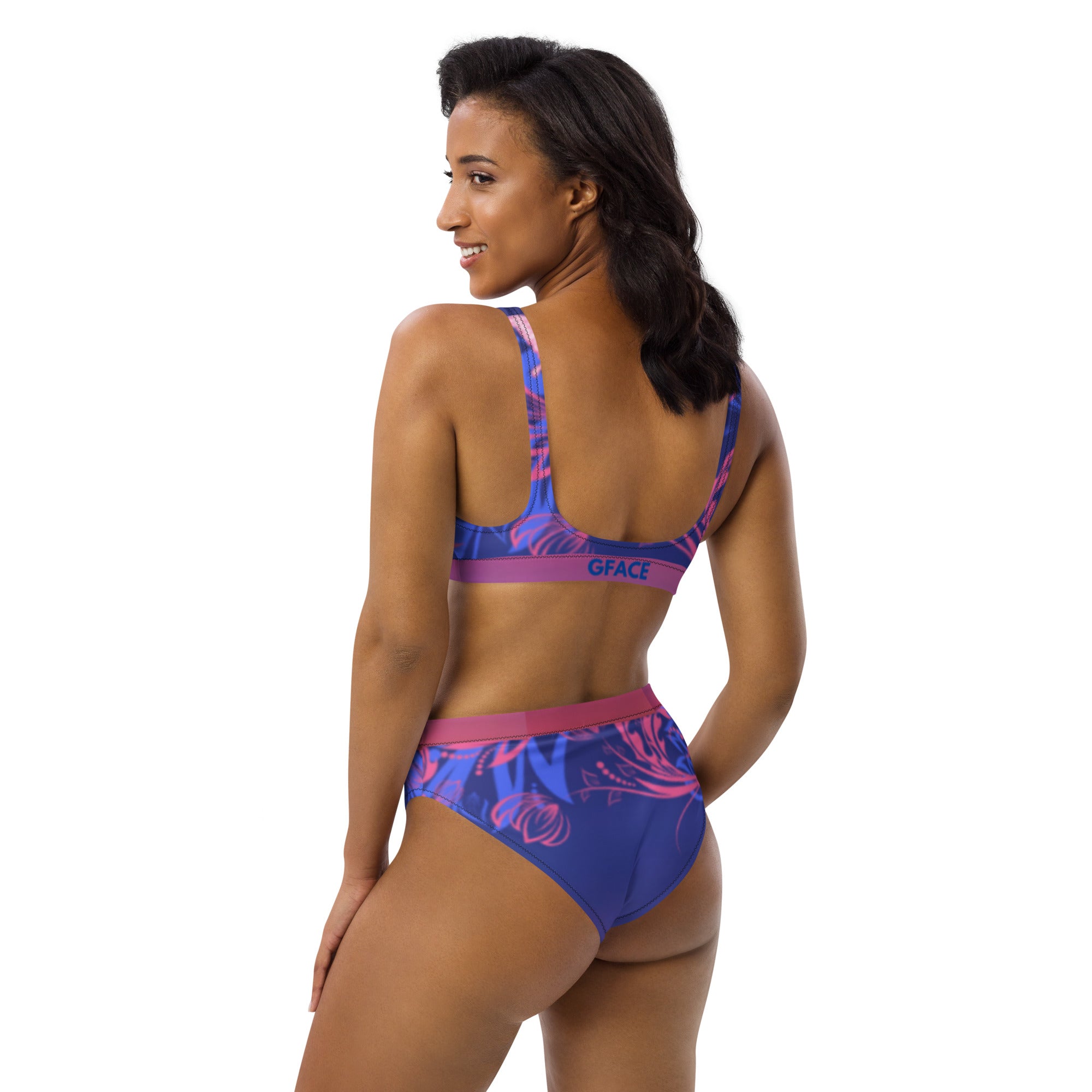 High-waisted bikini Blue-Pink Abstract Gface Beach Swag