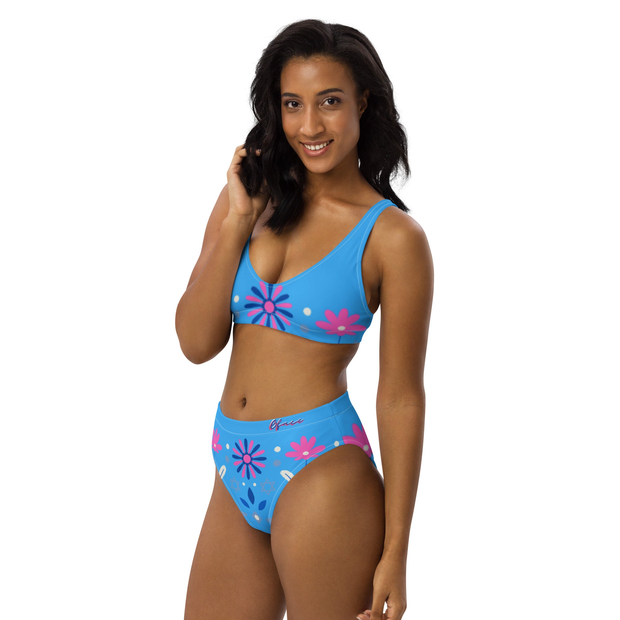 Recycled high-waisted Blue Retro Floral bikini Gface Beach Swag