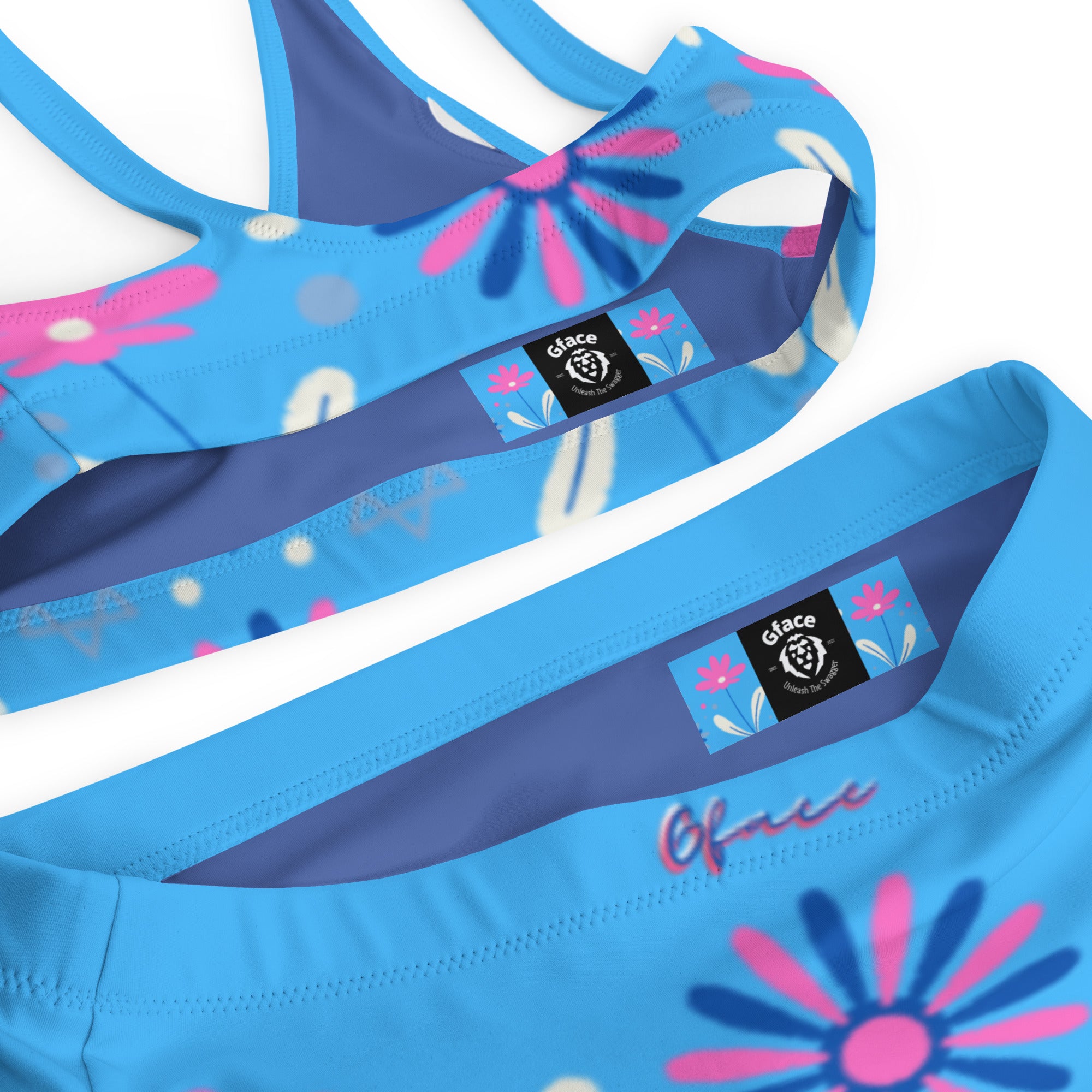 Recycled high-waisted Blue Retro Floral bikini Gface Beach Swag