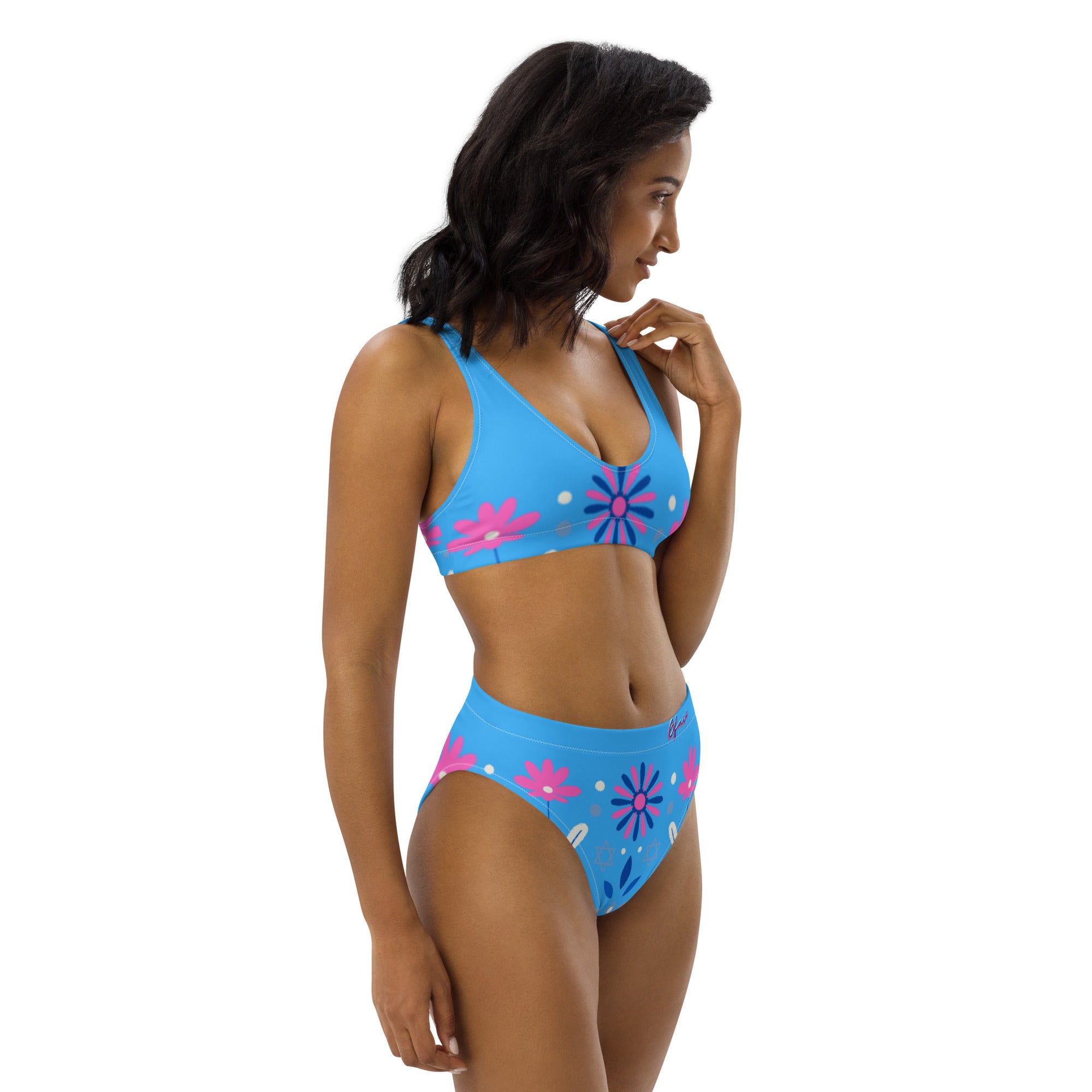 Recycled high-waisted Blue Retro Floral bikini Gface Beach Swag