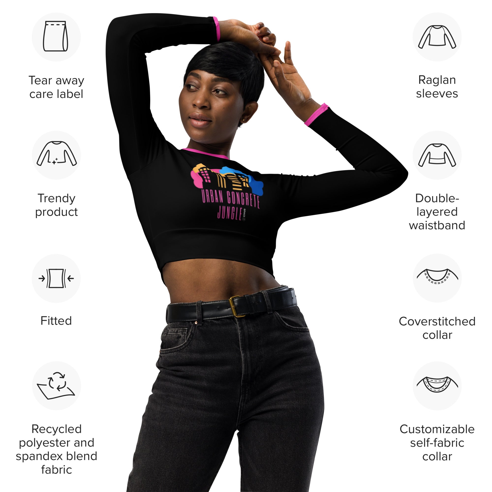 Recycled long-sleeve crop top Pink GFACE Urban Concrete Jungle