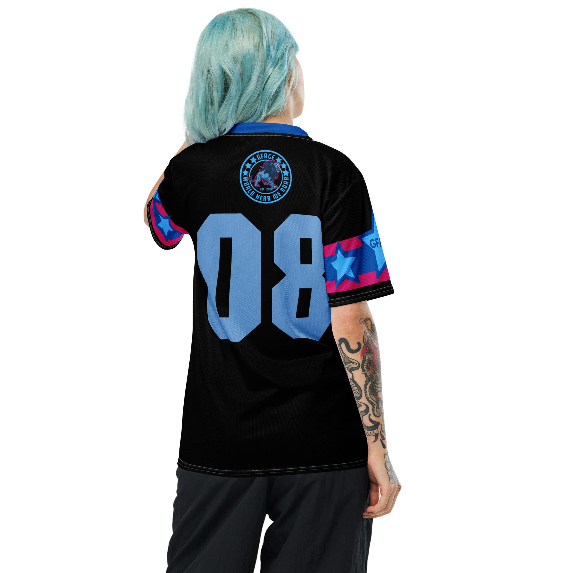 Recycled Black/Blue Unisex GFACE Sports Jersey World Hear Me Roar