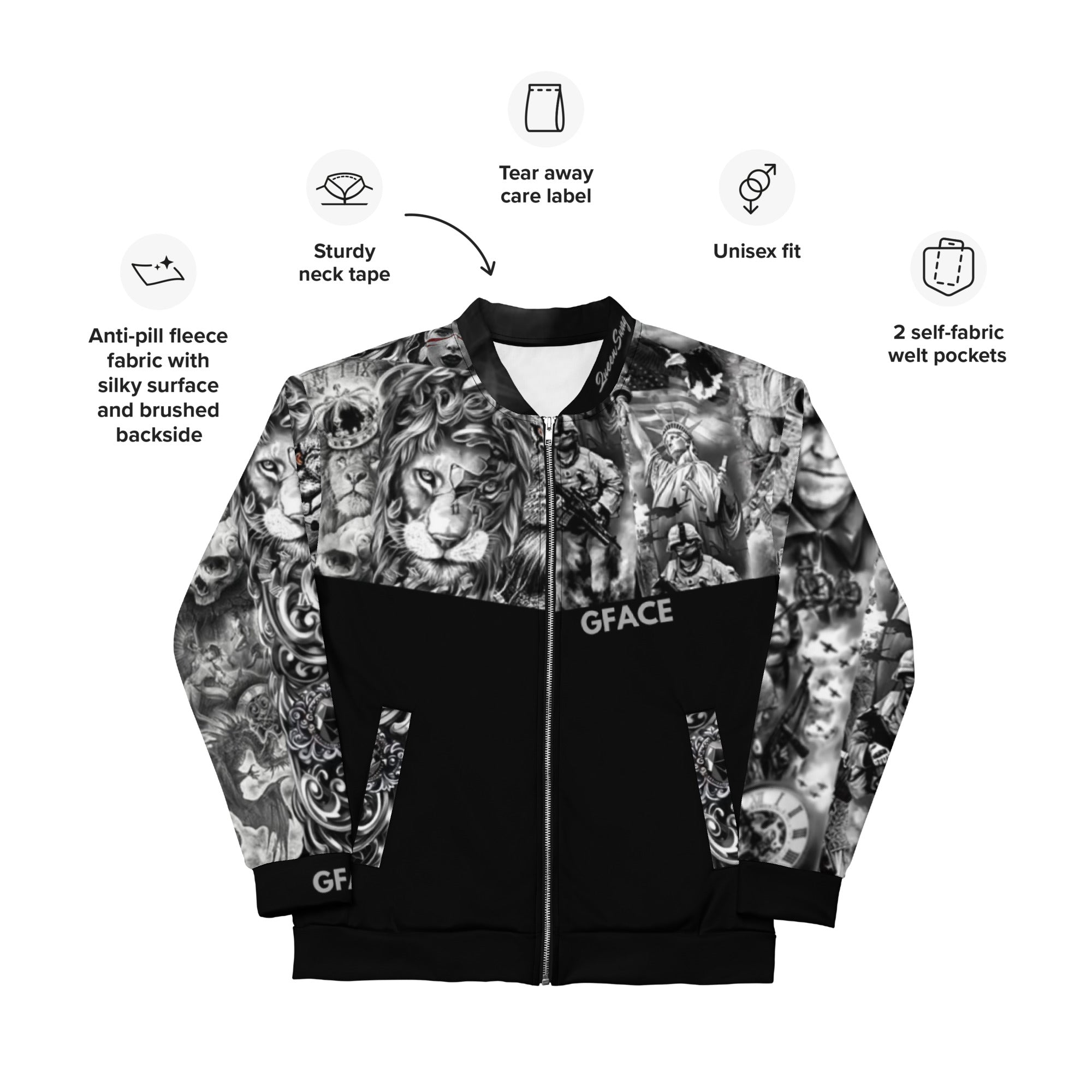 Gface Unisex Bomber Jacket Patriot print (Option 2) Lion on Rear