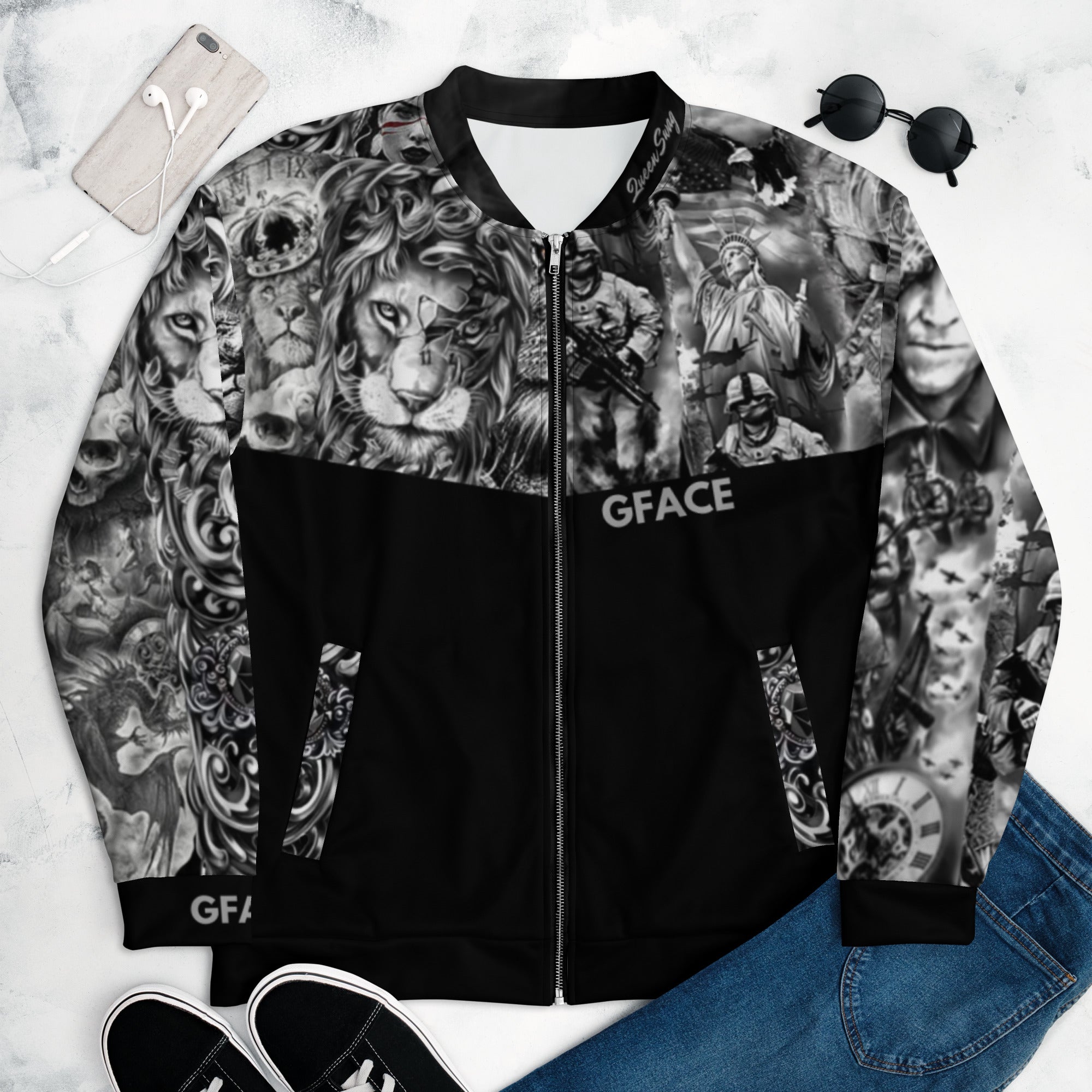 Gface Unisex Bomber Jacket Patriot print (Option 2) Lion on Rear