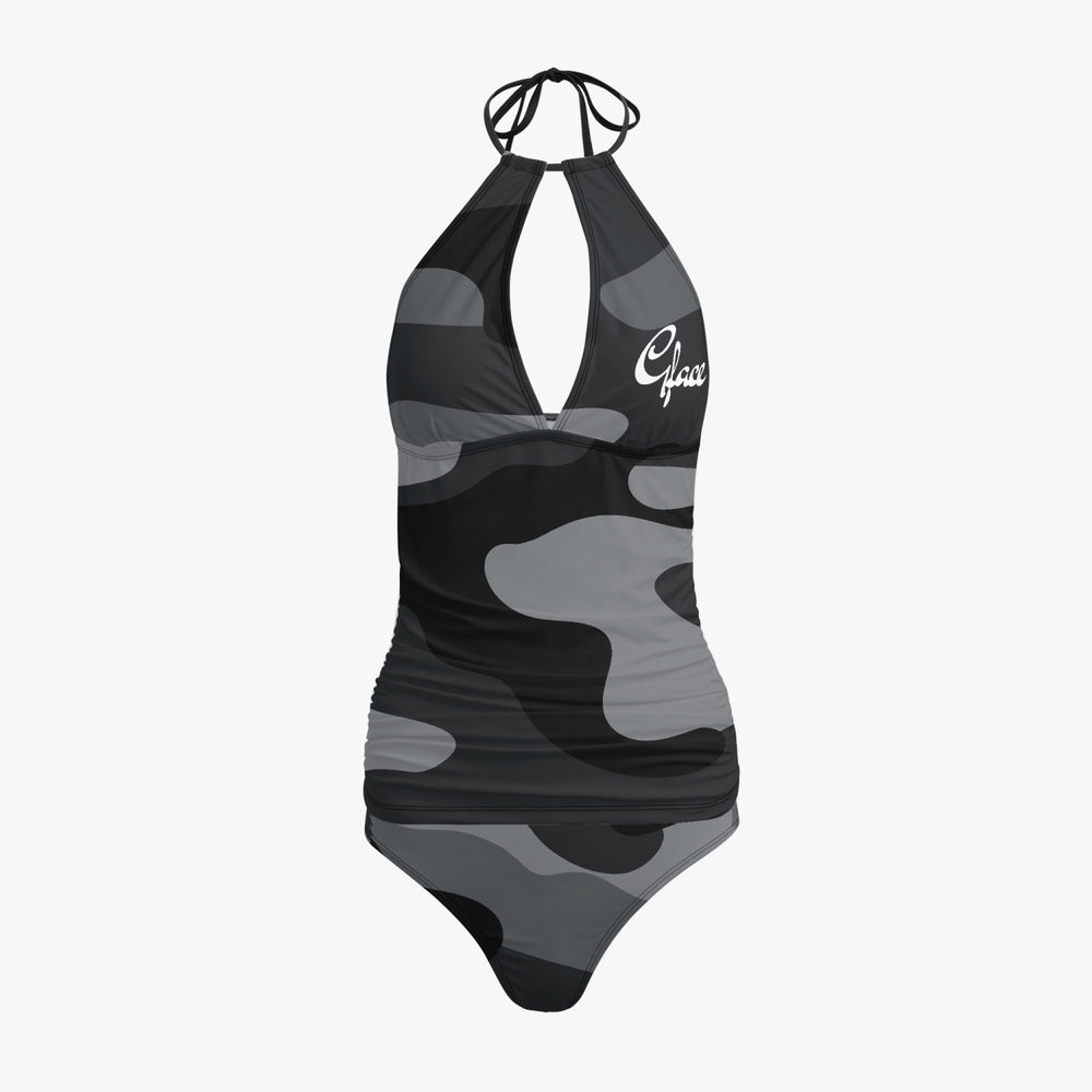 1033.GFACE Halter Top Two-Piece Black Camo-Incognito Tankini Swimsuit