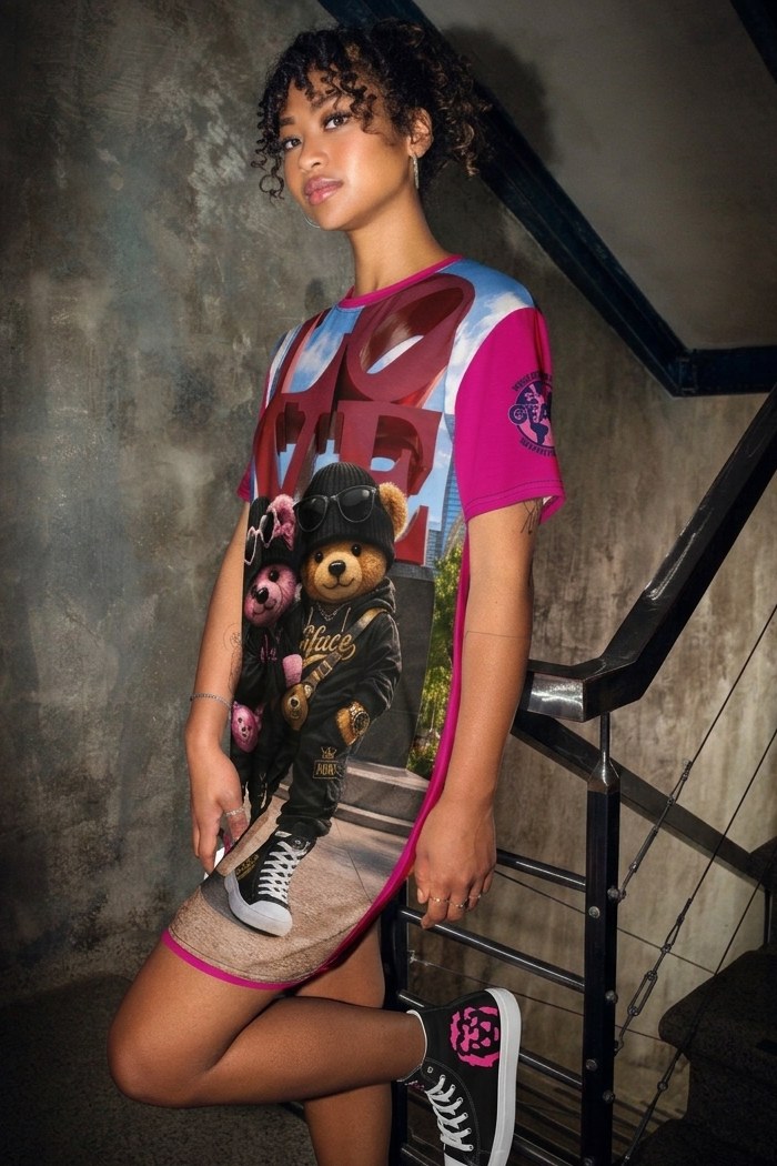 Model wearing the GfaceGear Love Bear Couple T-shirt dress and black Gface pink lion high-top sneakers in a concrete stairwell